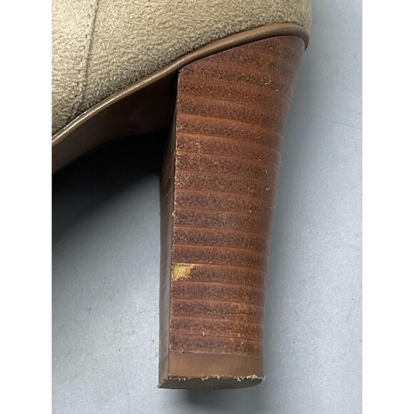 faux suede mid calf high heel boot 3 1/2" heel size 7 leg zips light brown READ - Picture 4 of 9